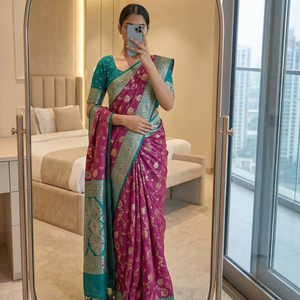 Sari Banarasi à tissage héritage avec pallu contrastant riche - Product Image 1