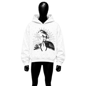 Sweat-shirt à capuche blanc avec strass graphiques, imprimé portrait noir, coupe oversize, streetwear, en coton délavé, unisexe, style urbain décontracté - Product Image 1