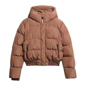 Chaqueta Acolchada con Capucha Marrón, Cierre de Cremallera, Abrigo Casual de Invierno, Relleno Grueso de Poliéster, Corta, Unisex - Product Image 1