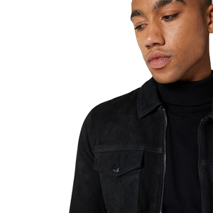 Politix Men's <b>Black</b> <b>Suede</b> Leather <b>Jacket</b> Turn-Down Collar Zipper Closure Casual Autumn Winter Style Regular Fit - Product Image 3