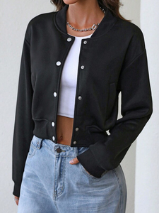 Saleh Enterprises Women's Cropped Varsity Jacket Solid Black Full Sleeve Stand Collar <b>Covered</b> <b>Button</b> Closure Winter Streetwear - Product Image 6