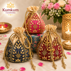 Indian Handmade Embroidered Lotus Decorated Silk Drawstring Potli Bag Women's Wedding Bridal Clutch Purse Evening Party Wear - Product Image 2