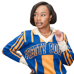 Sigma Gamma Rho Polo Sweater Women Blue Gold Knit Greek Letter Striped <b>Pullover</b> Premium Casual Stylish Top - Product Image 1