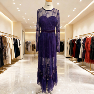 Robe de soirée élégante et sexy pour femme, personnalisée, en coton et dentelle, avec broderie, imprimé, volants et manches longues, coupe trapèze, longueur maxi - Product Image 1