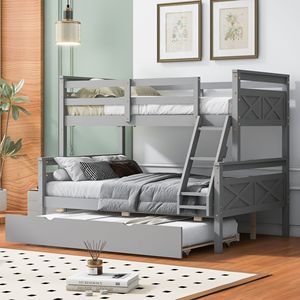 Letto a castello grigio con letto singolo sopra e letto matrimoniale, con scaletta e letto estraibile singolo, per bambini, con sponda di sicurezza - Product Image 1
