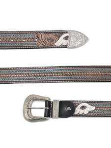 Cinturón Vaquero de Cuero Occidental Hecho a Mano de Primera Calidad con Diseño Floral en Relieve, Hebilla Plateada con Incrustaciones de Piedra Azul, Ligero y Largo - Product Image 5