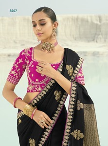 Elegante sari de seda de diseñador con pesadas lentejuelas Zari Dori, ideal para bodas y fiestas, blusa cosida incluida. - Product Image 3
