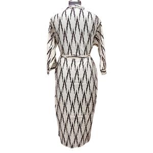 Bata Larga con Estampado Geométrico para Mujer, Cuello en V, Manga Tres Cuartos, 100% Algodón, Suave, Transpirable, de Secado Rápido, Informal, con Cinturón - Product Image 3