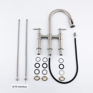 Rubinetto da Cucina Classico a Doppia Maniglia Estraibile in Acciaio Inox 304 Lucidato e Spazzolato e Ottone, con Installazione a Incasso - Product Image 4