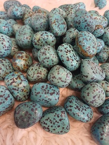 Piedra de jaspe dalmático azul pulida con patrones de manchas distintivos, superficie lisa y forma redondeada para uso mineral. - Product Image 3