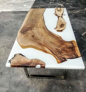 Table à manger rectangulaire moderne en résine avec bord naturel, pieds en métal, faite à la main, 6 places, mobilier pour la maison, hôtel, appartement - Product Image 2