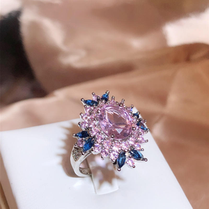 IPink Blue Flower Moissanite <b>Ring</b> 925 <b>Silver</b> Luxury Halo <b>Statement</b> <b>Ring</b> for Women - Product Image 5