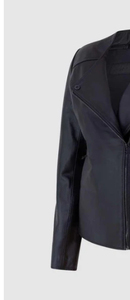 Chaqueta de Motocicleta Negra para Mujer, Cuello Alto, Cierre de Cremallera, Manga Larga, Abrigo de Cuero Genuino de Piel de Oveja - Product Image 5