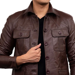 Men's Brown Genuine Leather Canvas <b>Thin</b> <b>Jacket</b> with Zipper Closure Stand Collar <b>Waterproof</b> Breathable Winter Workwear Style - Product Image 5