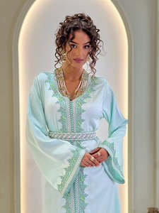 Mint <b>Green</b> <b>Silk</b> Kaftan Dress Women Embroidered V Neck Long Sleeve Modest Muslim Abaya Eid Party Gown - Product Image 1