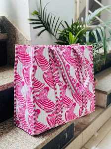 Pink <b>Quilted</b> <b>Tote</b> <b>Bag</b> with Zebra Pattern Open Closure Bohemian Style Cotton Shopping <b>Bag</b> All Seasons Use - Product Image 2