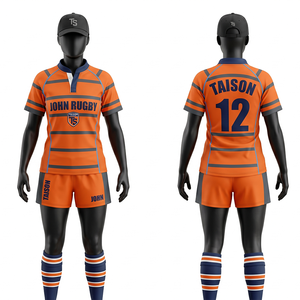 Uniforme de rugby personnalisé orange marine, 280 GSM, polyester interlock, design à panneaux rayés, impression par sublimation, broderie, logo - Product Image 3