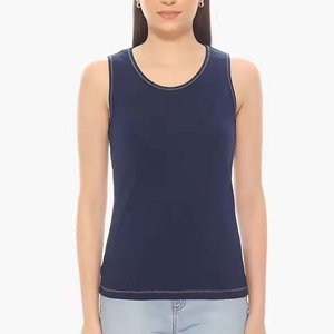 Camiseta sin mangas azul marino con ribete en contraste para mujer 2026, corte ajustado, estilo casual, ideal para verano, yoga, gimnasio y uso diario. - Product Image 2
