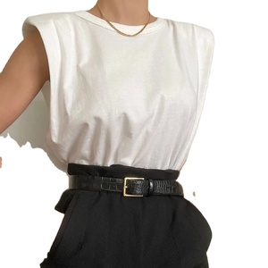 Jersey de cuello redondo monocromático sin mangas para mujer, camiseta con hombrera de algodón, ropa de moda, señora de oficina - Product Image 1