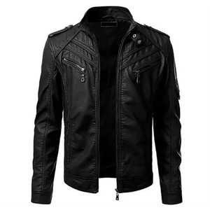 Blouson moto homme personnalisable en cuir PU marron avec fermeture éclair et poches, coupe ajustée, idéal pour l'automne - Product Image 5
