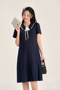 Vestido de Maternidad B2 MUM V1535 de Manga Corta y Corte en A para Mujeres Embarazadas, con Lazo Desmontable, Tela Impermeable, Cintura Elástica Ajustable Lateral - Product Image 3