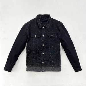 เสื้อแจ็คเก็ตยีนส์สีดำสำหรับผู้ชาย ลายจุดประดับเพชร ปกเสื้อพับได้ กระดุมแถวเดียว สไตล์ไฮสตรีท - Product Image 4