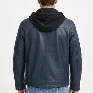 Chaqueta de Cuero para Hombre con Capucha, Cuello Camisero, Cierre de Cremallera, Estilo Motero, Color Sólido, Manga Regular, para Otoño - Product Image 5