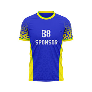 Maillot de football personnalisé bleu jaune imprimé léopard, respirant, extensible dans quatre directions, séchage rapide, anti-transpiration, imprimé par sublimation, sans coutures - Product Image 1