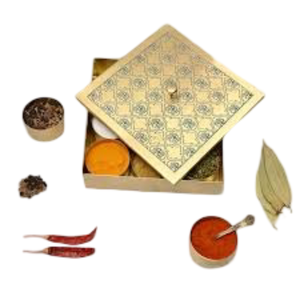 Ethnic Indian Brass <b>Masala</b> Dabba With Floral Engraved Lid & Spoon Round Multi Bowl Spice Storage <b>Box</b> For Home Kitchen - Product Image 5