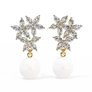 2.39ct <b>Diamond</b> Floral <b>Pearl</b> Cascade <b>Earrings</b> 14K Gold for Certified-HI Color VS-SI Clarity - Product Image 1