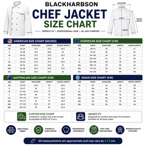 เสื้อเชฟยูนิเซ็กซ์ Sales Blackhardson พรีเมียม ผ้าโพลีเอสเตอร์ 65% ผ้าฝ้ายทวิล 35% 240 GSM พิมพ์ลายซิลค์สกรีน สำหรับร้านอาหารและบาร์ - Product Image 3