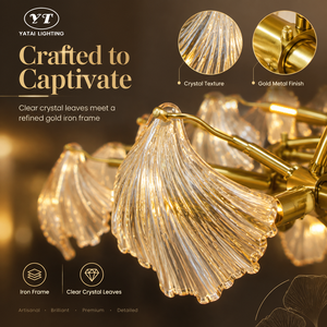 Lustre moderne de luxe en cristal avec design de feuilles transparentes, structure en fer doré, 15 ampoules pour salon, salle à manger, hall d'entrée - Product Image 4