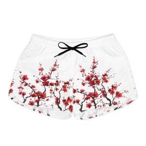 Shorts blancs à imprimé floral pour femmes avec motif de fleurs de prunier rouges, taille élastique, coupe régulière, style décontracté, respirant, tricoté - Product Image 5