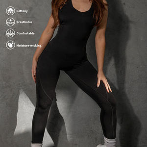 Combinaison de yoga sans couture pour femme, taille haute, longueur intégrale, bretelles spaghetti, col rond, extensible dans quatre directions, logo personnalisé - Product Image 3