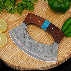 Couteau Ulu artisanal en acier inoxydable avec manche en bois et incrustation turquoise, léger et multifonctionnel pour la cuisine - Product Image 1
