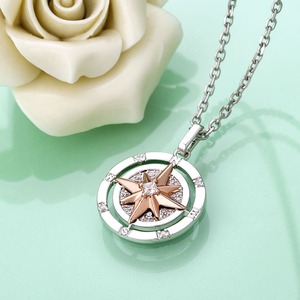 Collier pendentif boussole étoile du Nord de luxe pour hommes et femmes, breloque boussole en cristal sertie de pierres, plaqué or blanc 18 carats en acier inoxydable - Product Image 2