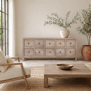 Commode à dix tiroirs en bois recyclé sablé, style rustique, faite à la main, finition naturelle, pour chambre à coucher - Product Image 4