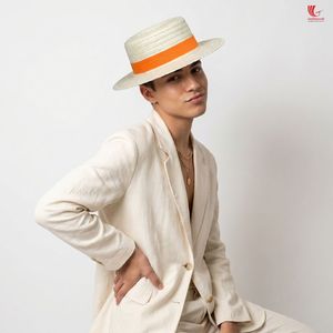Palm Leaf/Straw Boater <b>Hat</b> With Orange Ribbon <b>Band</b> For Men Beach Wear Adult, Summer Beach <b>Hat</b> Viettimecraft - Product Image 2