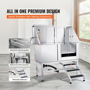 Vasca Professionale per Toelettatura Cani in Acciaio Inox da 50 Pollici con Scala, Rubinetto e Portasapone, Stazione Completa per il Bagno del Cane - Product Image 3