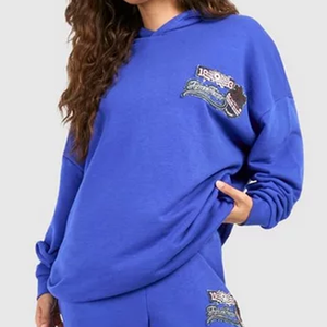 Conjunto Deportivo de Felpa con Capucha Azul para Mujer, Corte Holgado, Informal, con Bolsillos, Color Sólido, para Todas las Temporadas - Product Image 6