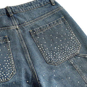 Pantalones Cortos Bermuda de Mezclilla de Cintura Alta para Hombre, Ecológicos, con Diseño de Puntos de Lentejuelas y Pedrería en la Parte Delantera, Estilo Casual, Cierre de Botones, Lavado a la Piedra - Product Image 3