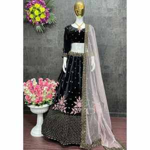 FASHIONABLE <b>VELVET</b> EMBROIDERY SEQUENCE WORK LEHENGA CHOLI WITH DUPATTAN DARK <b>GREEN</b> - Product Image 1