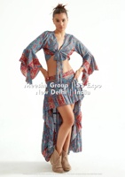Atasan Crop Top V-Neck Motif Boho dengan Rok Maxi Ruffle High Low Set Dua Potong Pakaian Musim Panas Gaun Liburan Pantai - Berbagai Macam