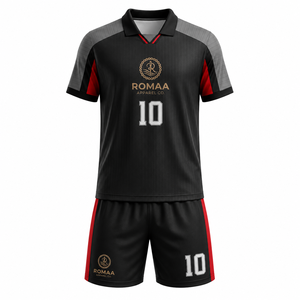 ชุดเสื้อและกางเกงฟุตบอลสีดำแดงสำหรับทุกเพศจาก ROMAA APPAREL CO. แบบซับลิเมชั่น 10 ชิ้น ระบายเหงื่อได้ดี ยืดได้สี่ทิศทาง เป็นมิตรต่อสิ่งแวดล้อม - Product Image 1