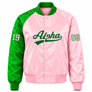 Alpha |   Kapa |   Veste universitaire en satin contrastant vert et rose pour femme Alpha Sorority, avec boutons-pression sur le devant, col et poignets en tricot côtelé, vêtement d'extérieur - Product Image 3