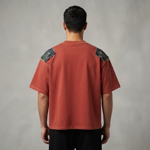 Men's Rust <b>Red</b> <b>Oversized</b> T <b>Shirt</b> 3D Graphic Print Denim Shoulder Detail Short Sleeve Streetwear Apparel Wholesale Casual - Product Image 2