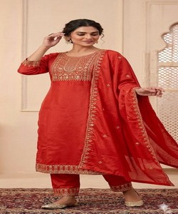 Ropa Étnica Tradicional Roja con Dupatta Pintada a Mano, Estilo Casual, India Pakistán, Corte Regular 85574 BLUE STAR- BS:-162 - Product Image 1