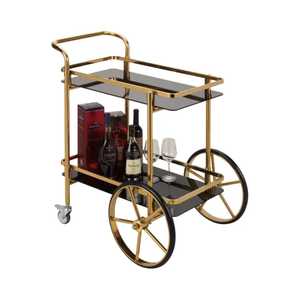 Premium Gold Metal Bar Cart with Black Glass Tiers and Large Wagon Wheels Elegant Luxury Rolling <b>Serving</b> <b>Trolley</b> for Wine Bar - Product Image 5
