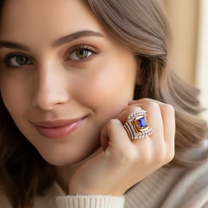 Vintage Style Blue Gemstone <b>Gold</b> Leaf <b>Ring</b> Luxury Wedding Anniversary Statement Jewelry - Product Image 4