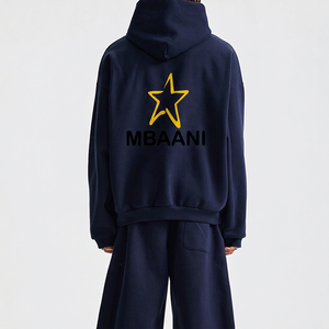 MBAANI Men's <b>Navy</b> Blue Hooded <b>Sweatshirt</b> Oversized Fit Embroidered Star Logo Casual Wear Autumn Season 100% Cotton French Terry - Product Image 2